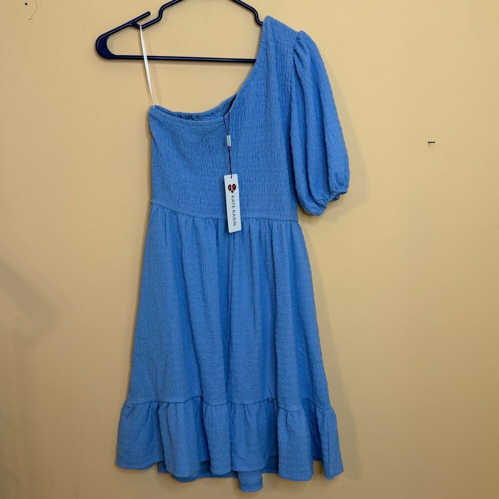 Kate Kasin brand blue smocked one-shoulder mini dress size medium
